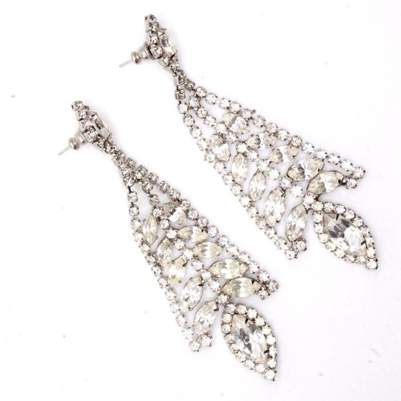 Vintage 90's Rhinestones Rhodium Plate Fancy Bridal Dangle Long Post Earrings - Picture 4 of 10